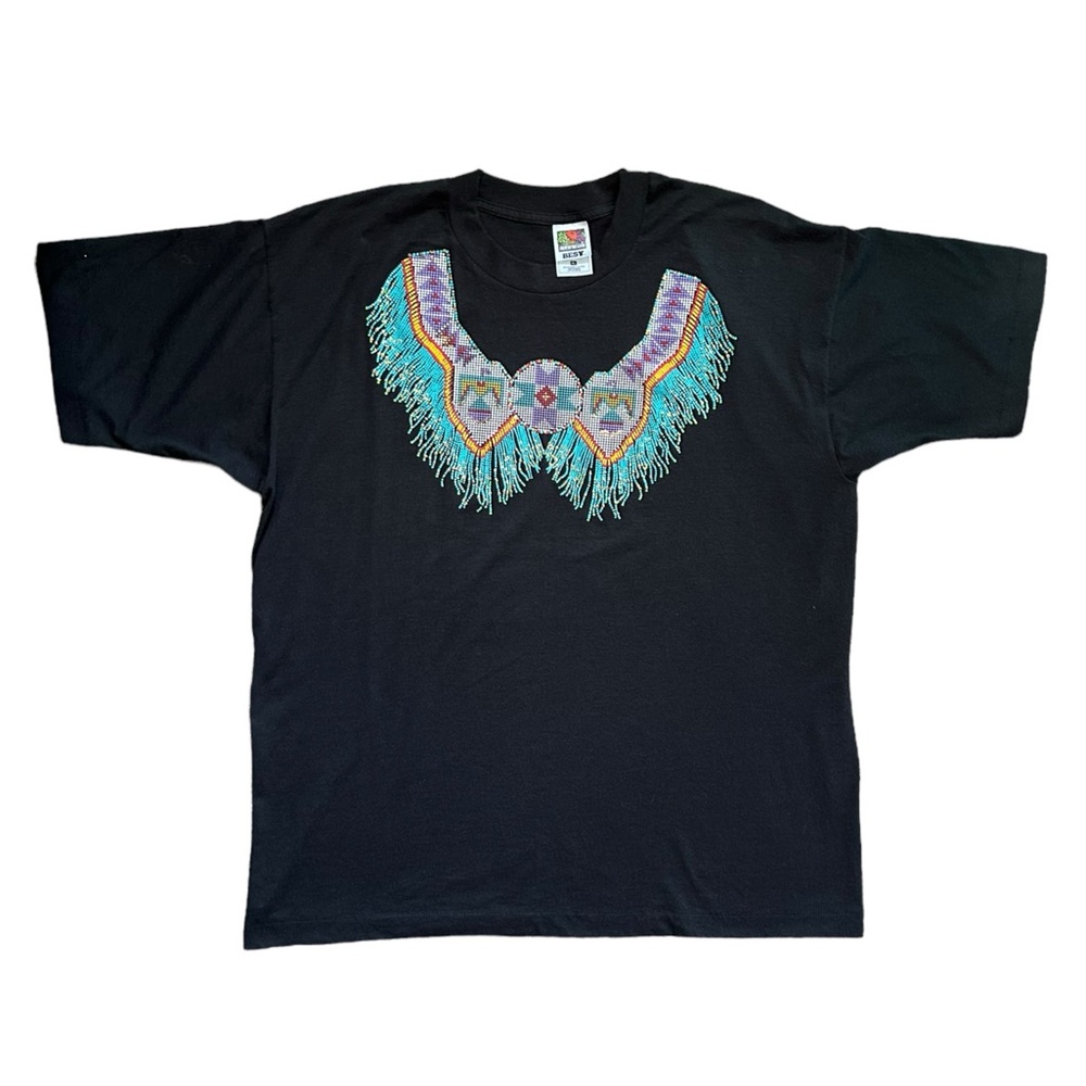 VTG Native American Indigenous Fringe Bead Necklace Graphic Tee Single Stitch XL